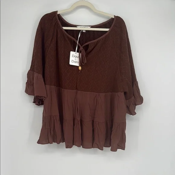 Davi & Dani Brown Boho Peasant Top – Ruffle Hem, Bell Sleeves Multiple Sizes NWT - Picture 1 of 5